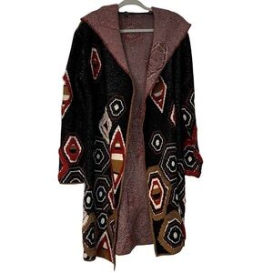 BCBG Maxsport Cardigan Longline Open Front Aztec Black Rust & Red Hooded Size S